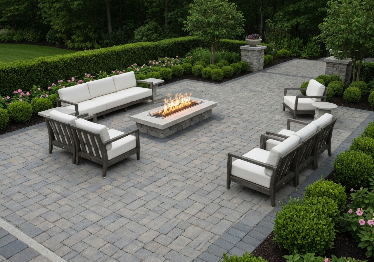 Paver patio with fire feature in a Phoenix backyard by Mikes Land Enhancements.