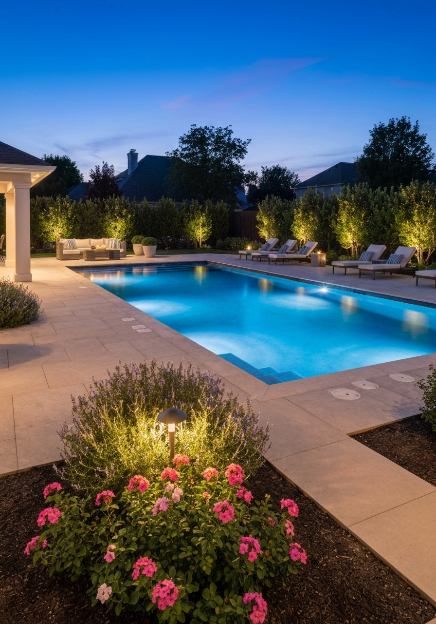 Pool and landscape lighting at dusk in a Phoenix backyard by Mikes Land Enhancements.