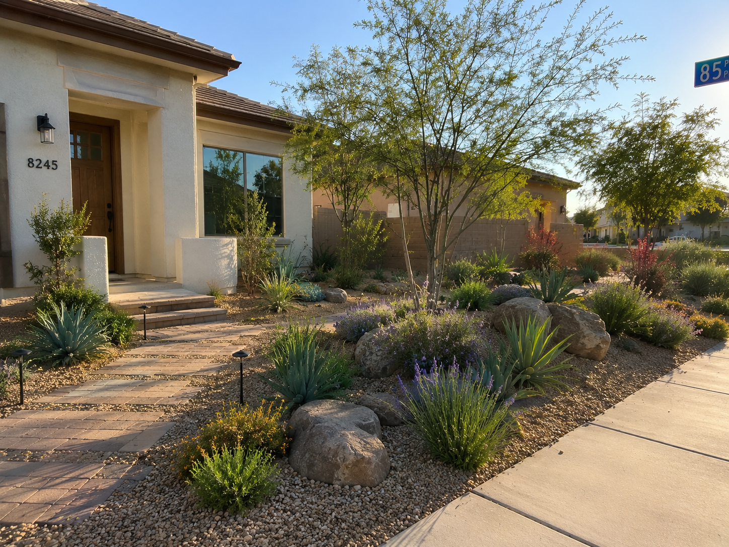 Desert front yard with stone, plants and paver path in Phoenix, AZ.