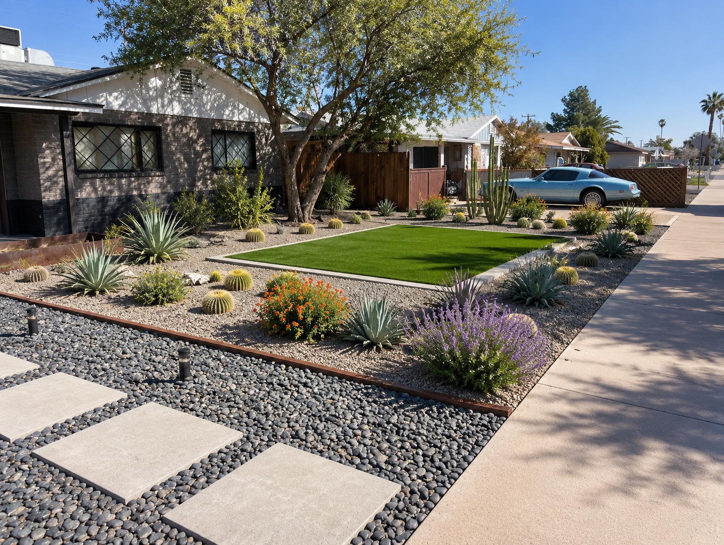 Client-published after image of the Desert Modern Front Yard Transformation showing desert planting, turf, rock, and pavers.