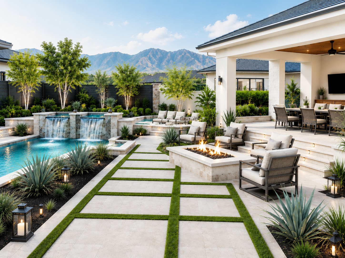 Landscaped Phoenix outdoor living area with a pool, paving, planting and fire feature.