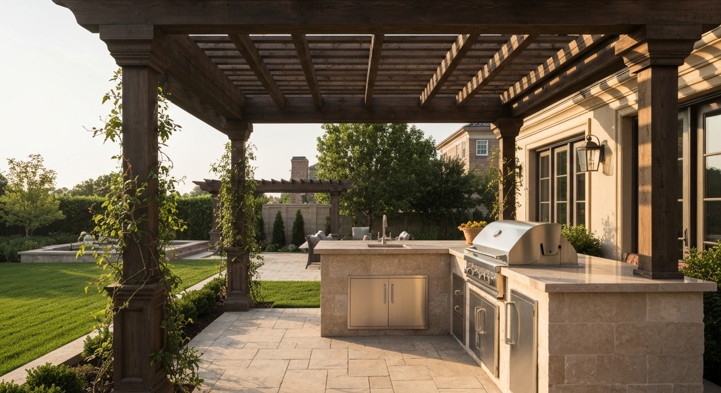 Outdoor kitchen beneath a pergola in a Phoenix backyard by Mikes Land Enhancements.