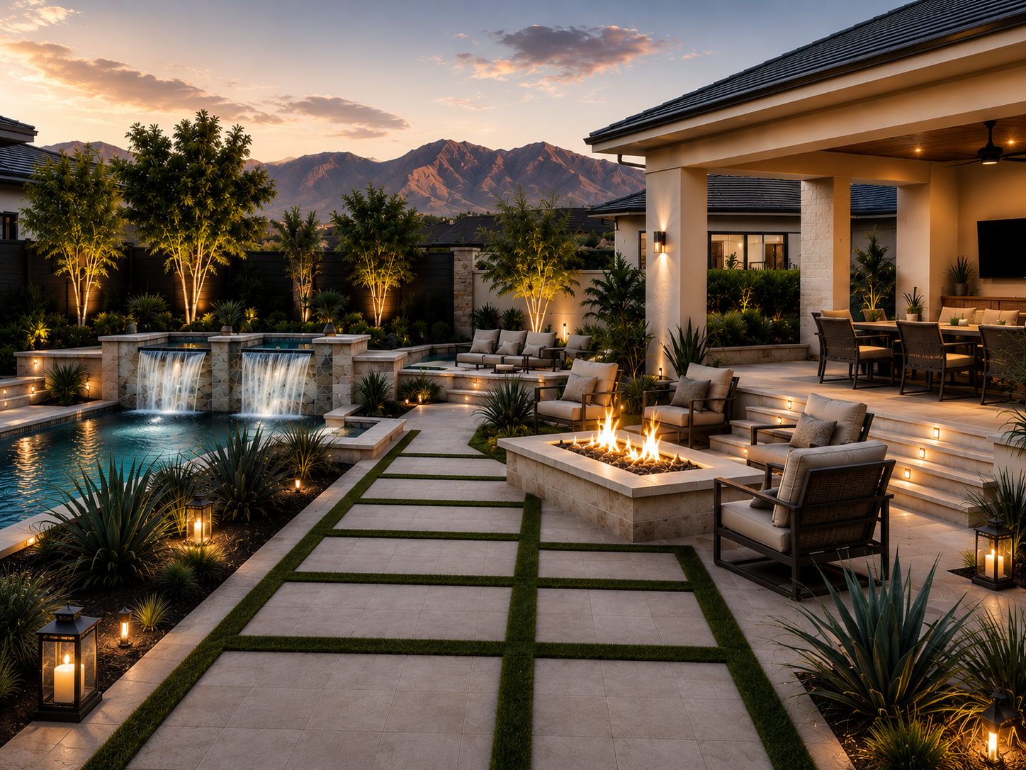 Swimming pool and paved outdoor area in a Phoenix backyard by Mikes Land Enhancements.