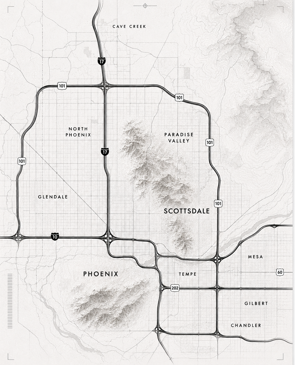 Mikes Land Enhancements service area map: Phoenix, Scottsdale, Paradise Valley, Cave Creek, Fountain Hills and Carefree.