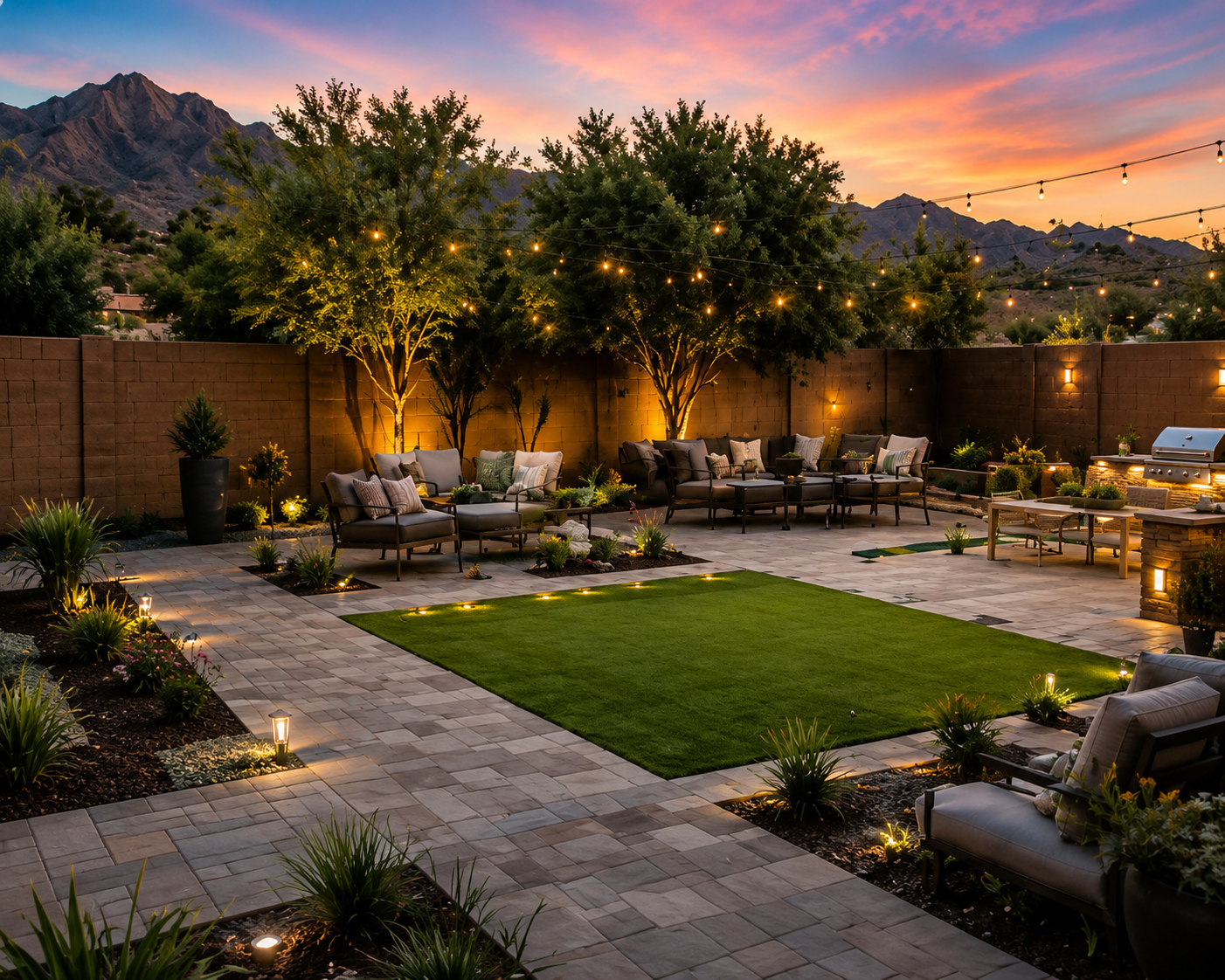 Client-published after image of the Modern Backyard Living Retreat showing turf, pavers, and evening lighting.